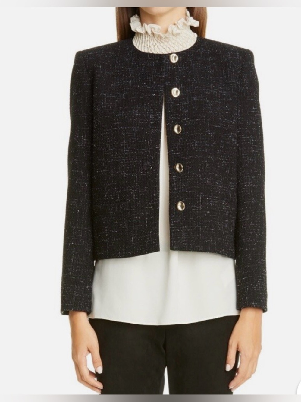 Lafayette 148 New York Kade Black Tweed Cropped Jacket with Gold Buttons